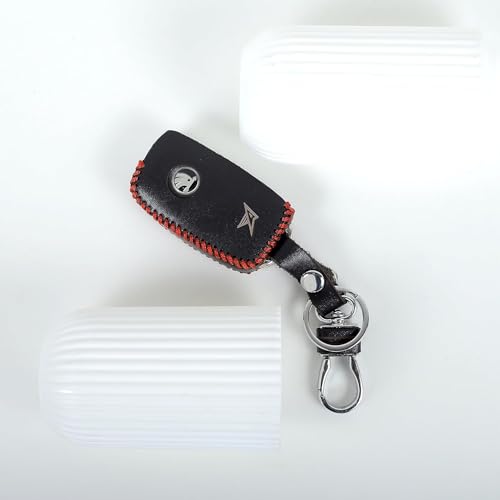 Image of Leather Smart Car Key Cover Case with Metal Hook Keychain for Skoda Octavia<2014, Rapid, Yeti, Superb, Laura, Fabia, Volkswagen Jetta, Vento, Polo, Ameo (Black)