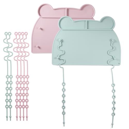 Picowe 2 Pack Silicone Suction Placemats for Babies with 8 Elastic Straps, Non-Slip Toddler Placemats for Dining Table, High Chair, Restaurant Use - Pink & Green