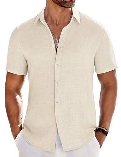 COOFANDY Men's Button Up Shirt Short Sleeve Casual Shirt for Men Linen Beach Vacation Shirts Beige