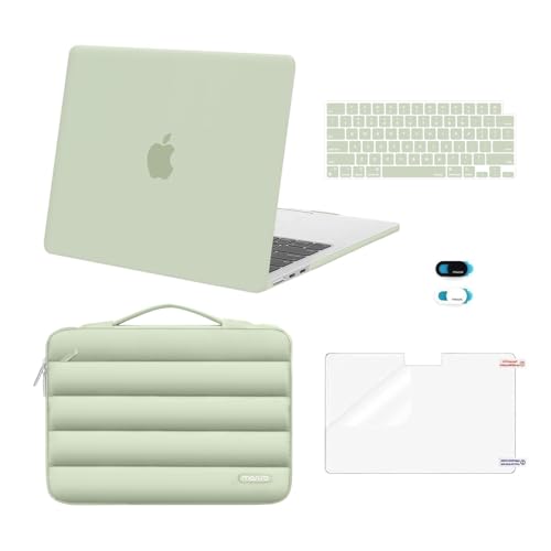 MOSISO Compatible with MacBook Air 13 inch Case M5 2026 M4 2025 M3 M2 2024-2022 A3449 A3240 A3113 A2681, Hard Case&Puffy Bag&Keyboard Cover&Webcam Cover&ScreenFilm for MacBook Air 13.6, Sage Green