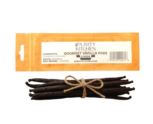 Purity Kitchen Madagascan Vanilla Beans Grade A Gourmet 5 Whole Pods Halal & Kosher Certified & Vegan. 100% Pure.