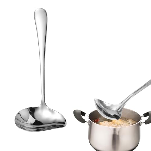 Un cucchiaio con beccuccio, in acciaio inox, cucchiaio da minestra da 18,5 cm. Acciaio inossidabile con superficie parzialmente opaca, lavabile in lavastoviglie, adatto per salse, zuppe e salse