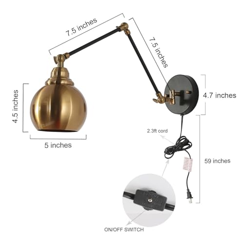 Image of Black Gold Swing Arm Wall Sconce, Modern Plug-in or Hardwired Sconces Lighting, Adjustable Wall Mounted Lamp with On /Off Switch for Bedroom, Kitchen, Living Room and Bathroom
