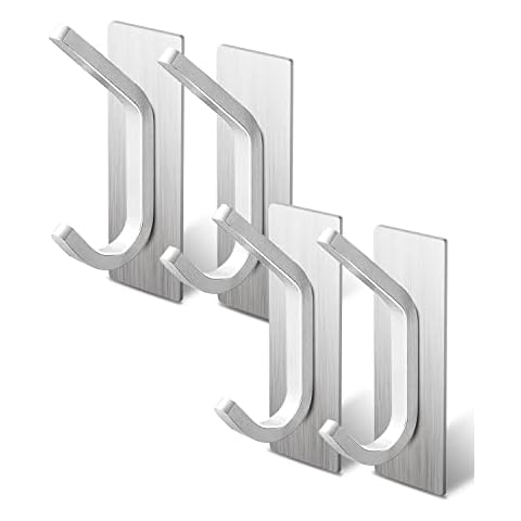 Adhesive Hook, 4 Packs Self Adhesive Hook, Stainless Steel Self Adhesive Hooks Heavy Duty, Double Hook Design Strong Adhesive Wall Hooks for Bathroom Kitchen Bedroom, Hanging for Towels, Bags, Coats Cover