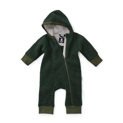 Ehrenkind® Fleeceoverall aus 100% Bio-Merinowolle, Atmungsaktiv & temperaturausgleichend, Wollfleece, Baby Overall mit Kapuze, Waldgrün 62/68
