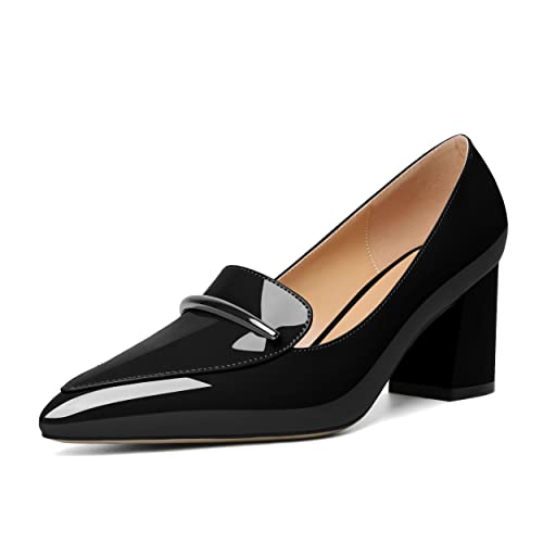 Joseywade Womens Block Heel Pumps Pointed Toe Loafers Chunky Heel Fashion Dress Wedding Shoes for Bride Party Casual Solid Patent Black US Size 10