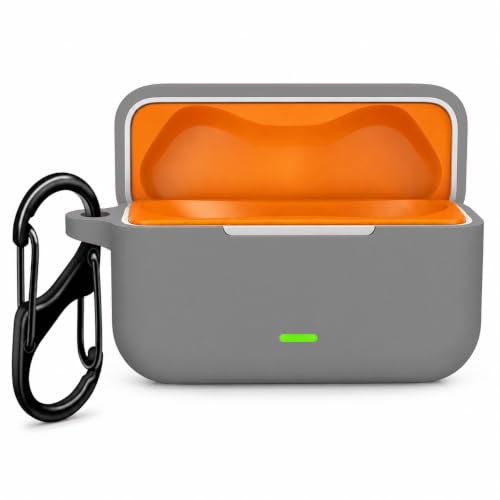 Image of Silicone Case for Realme Buds T500 Pro TWS Earbuds | Shockproof 360 Protective Cover | Heavy-Duty Carabiner Clip | LED Visible | Soft Anti-Slip & Lightweight Case (Gray)