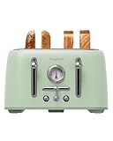 LONGDEEM Retro 4-Slice Toaster 1.6' Wide Slots - 6 Toast Settings with Bagel Function, Stainless Steel Body, Defrost/Cancel Button & Crumb Tray, Vintage Green
