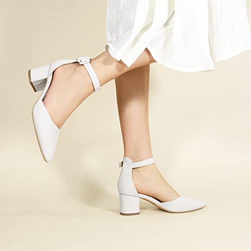 Image of Ankis Closed Toe Heels for Women, 2.25 Inch Low Block Chunky Dress Pumps | Black Nude White Gold Silver Pointed Toe Design, Soft Insole, Adjustable Ankle Strap, Classic Versatile, For Formal Daily