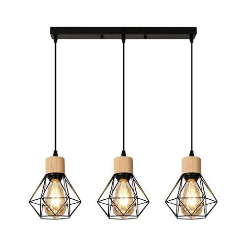 DAXGD 3 Lampes Suspension Luminaire Industrielle, Vintage E27 Luminaire Suspension Lustre Abat-jour en Métal et Bois, Lampe de Plafond E27 pour Salon Cuisine Chambre...