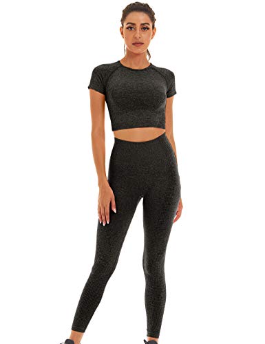 Toplook Women Seamless Workout Outfits Yoga 2 Piece Set Legging Short Sleeve Top (Black Gray, Medium)