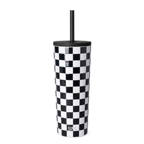 Image of Simple Modern Classic Tumbler with Straw Lid | Insulated Iced Coffee Cup Reusable Stainless Steel Water Bottle Travel Mug | Gifts for Women Men Her Him | 24oz | Black and White Checkmate
