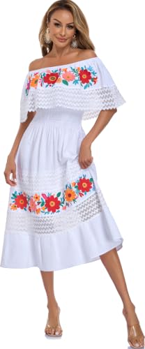 Image of YZXDORWJ Women Embroidered Mexican Peasant Casual Sexy Lace Off-Shoulder Long Dress