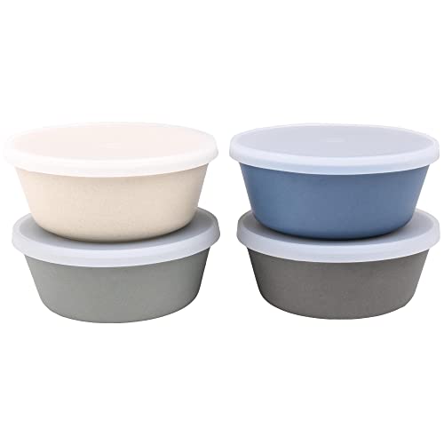 Image of WeeSprout Bamboo Kids Bowls with Lids, Set of Four 10 oz Kid-Sized Dinnerware, Cereal, Leftovers & Snack Bowl, Dishwasher Safe (Blue, Green, Gray, & Beige)