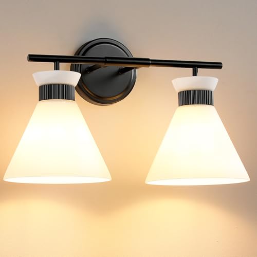 Image of WOSHITU Black Bathroom Vanity Light Fixtures: Bathroom Lighting Fixtures Over Mirror 17.3 inch with Milky White Frosted Glass, 2-Lights Mid Century Modern Vanity Lighting Wall Light(Exclude Bulb)