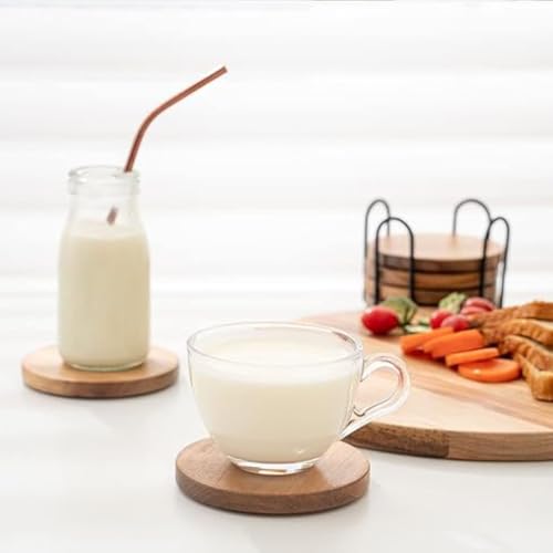 WLWNWFT Acacia Wood Coasters Set of 6 with Holder, Wooden Coasters for Glasses Drinkings Coffee Table Desk Round with Non-Slip Pad Cup Coasters for Home Office Christmas Decor 4 Inch, Black