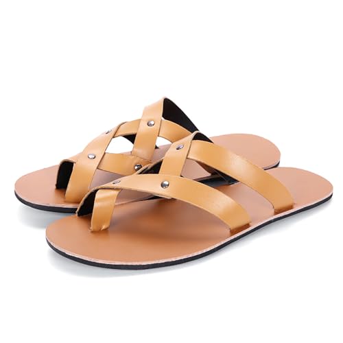 Men's Leather Rivet CrossStrappy Round Open Toe Loop Flat Slide Sandals Summer Fashion Slip-On Clip Toe Thong Flip Flops Casual Comfortable Non-Slip Beach Walking Slipper Shoes