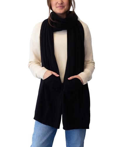 Soft Cotton Cashmere Wrap Scarf with Pockets, Black, OS Plus