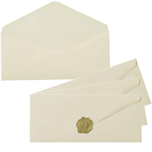 Toperd 50 Count #10 Business Envelope with Gold Stickers for Office, Business, Letter Mailing, 4.13 x 9.49 Inches (Cream Color)