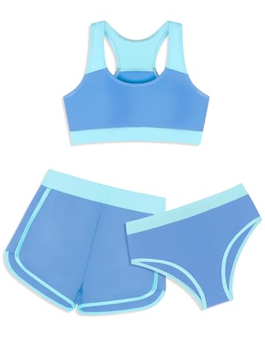 Image of Gaupafmb Girls Bikini 3PCS Swim Sets Color Block Crop Top Briefs with Shorts for 7-16 Years