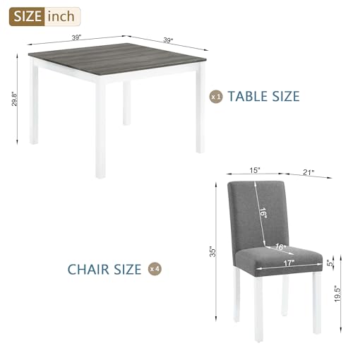 Image of KEIKI 5-Piece Standard Height Dining Table Set with Square Table and 4 Upholstered Curved Backrset Chair, for 4 Person, Modern Wooden Table Set, Easy Assembly, for Kitchen, Dining Room, White+Gray