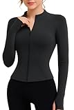 EIISSION Sportjacke Damen Laufjacke Sport T-Shirt Gym Top Oberteil Jacke Yoga Langarm Weiß Trainingsjacke Winter Fitness Sportshirt Sweatjacke Reissverschluss Laufshirt mit Daumenloch M