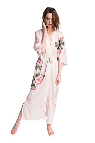OLDSHANGHAI Women's Charmeuse Kimono Robe Long - Watercolor Floral - Peony & Bird - Pink, Charmeuse Kimono Robes for Women with Floral Designs, 54 inches in Length, One Size Fits Most. - Thumbnail 2