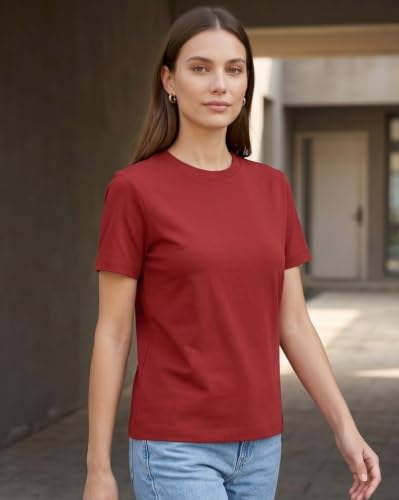 Image of NOBERO 100% Cotton T-Shirts for Women Stylish | Regular Fit | Solid T Shirts for Women 180 GSM Combed Cotton | Crew Neck Half Sleeve