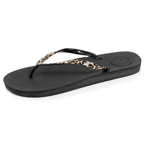 Isotoner Tongs femme semelle confortable et légère, sandale de plage, piscine, 37 EU, léopard/noir