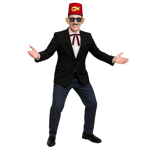 HLENOK Adult Men Grunkle Stan Costume 7 in 1 Halloween Cosplay Shirt Jacket Blazer Pants Hat Fake Ears Mustache Eyebrow Tie Outfit (X-Large)