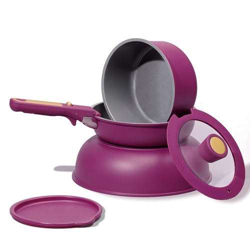 Image of CAROTE Ceramic Pots and Pans Set, Nonstick Cookware Set Detachable Handle, 6pcs Induction Kitchen Cookware Sets Non Stick with Removable Handle, RV Cookware Set, Oven Safe, Purple