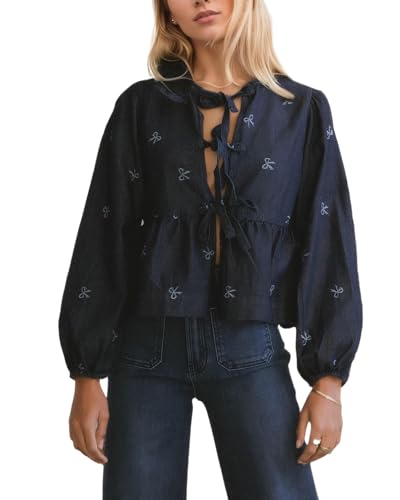 Kedera Women Denim Jean Shirt Bow Print Blouse Casual Crewneck Long Puff Sleeves Tie Front Cropped Tops Shirt