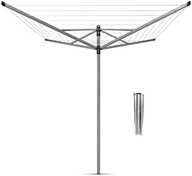Brabantia - Lift-O-Matic - 60 Metres of Clothes Line - Adjustable in Height - UV-Resistant & Non-Slip Lining - Umbrella System - Rotary Dryer with Ground Spike 45 mm - Metallic Grey - ø 295cm