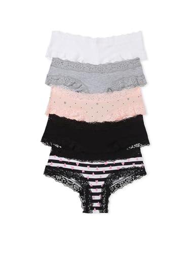 Victoria's Secret Paquete de bragas de algodón con ribete de encaje, ropa interior para mujer (XS-XXL), multicolor/fantasía (Hearts & Polka Dots), XXL