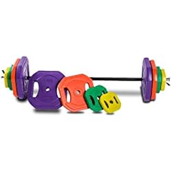 Barra Con Discos De Plastico Riscko Set de pesas Barra Pump con Barra y Discos de Colores para Entrenar en Casa, Pesas y Mancuernas Profesionales para Gimnasio con Discos (20 kilos)