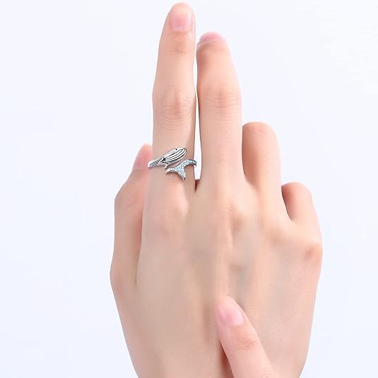 925 Sterling Silver Whale Ring with Blue Cubic Zirconia, Adjustable Size 6-9, White Gold Plated, Mother's Day Gift for Women Mother and Daughter - Image 2