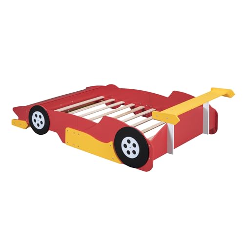 Bellemave Full Size Race Car Bed for Kids,Wood Car-Shaped Platform Bed with Storage Shelves,Car Bed Full with Wheels for Boys,Girls,Red
