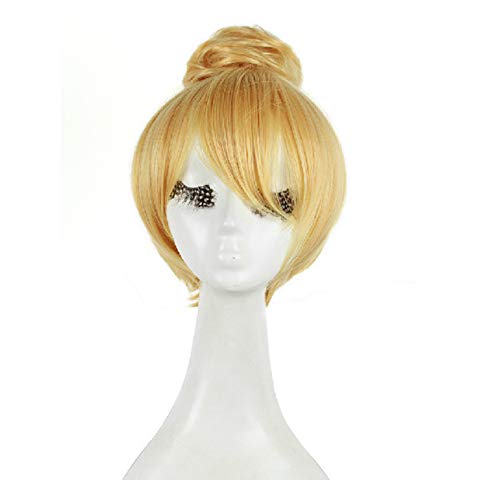 Vista 2 de Peluca de cosplay de princesa Tinker Bell Tinkerbell de pelo corto rubio con moño, resistente al calor, pelucas de disfraz de cosplay + gorra