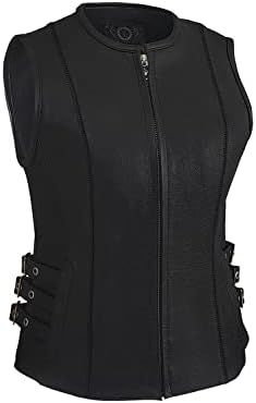 True Element Womens Side Buckled Zip Front Motorcycle Leather Vest (Black, Size XS)
