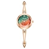 CARLIEN Reloj analógico pequeño de oro rosa para mujer, con esfera redonda, resistente al agua, colorido, pequeño reloj de pulsera para mujer, Verde naranja, Moderno, vintage, delicado