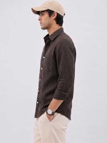 Image of Men's Brown Linen Casual Full Sleeve Shirt with Chest Pocket