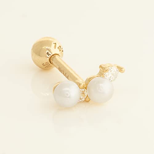 14K Real Solid Gold Pearl With Cz Cartilage Daith Helix Tragus Conch Rook Snug Ear Post Stud Piercing Earring Body Jewelry 18Gauge - 1Pcs (Yellow Gold) #TOP4