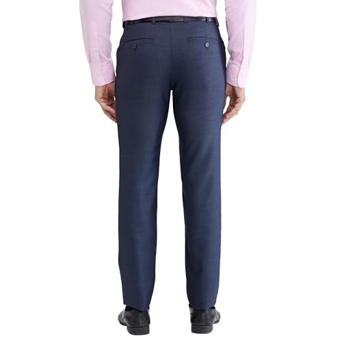 Image of Raymond Men's Slim Fit Formal Trousers, Poly Viscose Blend, Structure Pattern, Flat Front | Dark Blue