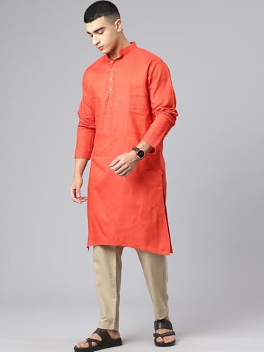 Image of Majestic Man Men's Cotton Regular Fit Traditional Mandarin Collar Ethnic Motifs Solid Long Kurta