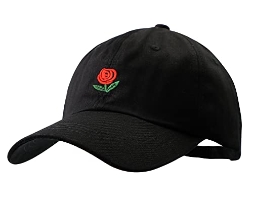 Rose Dad Hat Men Black Baseball Cap - Unconstructed - Unisex Adjustable Strapback (Free, Black 1)