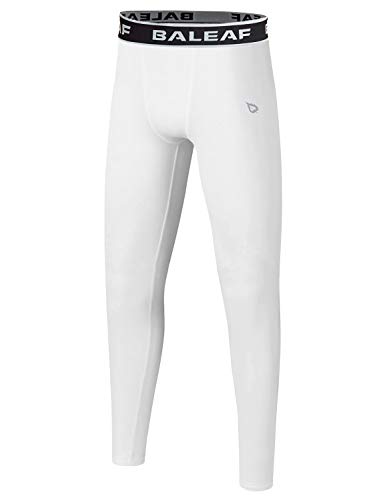 BALEAF Youth Boys' Leggings Compression Pants Running Basketball Baselayer Baseball Soccer Tights White