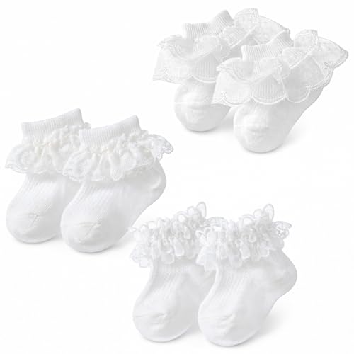 Ajcotahm 3 pares de calcetines de bebé con volantes para bebés, calcetines de encaje antideslizantes lisos con volantes, calcetines para recién nacidos, vestido de tobillo, calcetines de bautizo para
