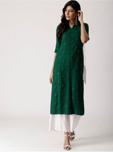 Image of Women's Elegant Green Embroidered Kurta with 3 /4 Sleeves, V-Neck Long Dress, Traditional Indian Wear