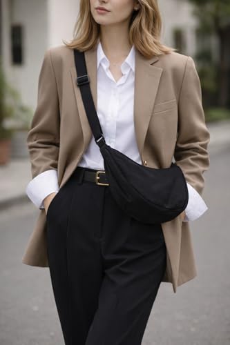 Lightweight Nylon Crescent Crossbody Bag for Women, Half Moon Shoulder Purse with Adjustable 110cm Strap, 3 Pockets, Casual Everyday Travel Bag (Beige)