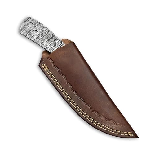 Custom Hand Forged Damascus Steel Blank Blade Diy Knife Making Kit Including Wooden Scale, Leather sheath, Pin, Damascus Blade Billet Knife Making Supply (BK-H)